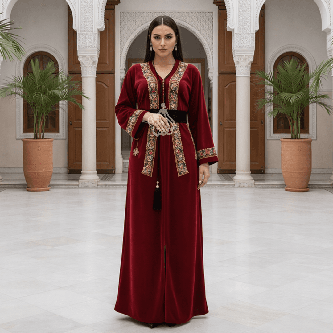 Caftan bordeaux tapisserie et ceinture pompon