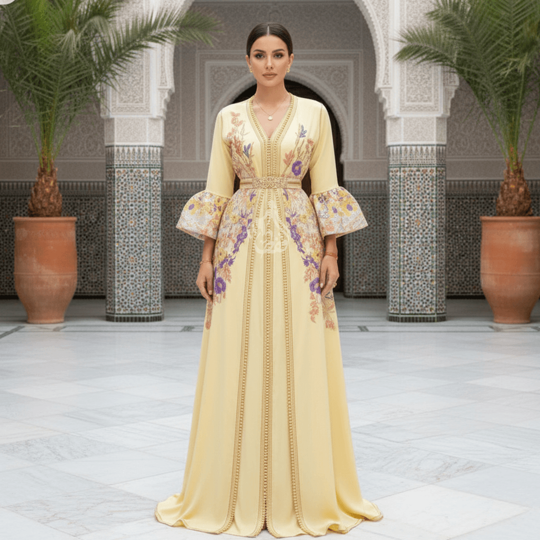 Caftan beurre floral manches pagode