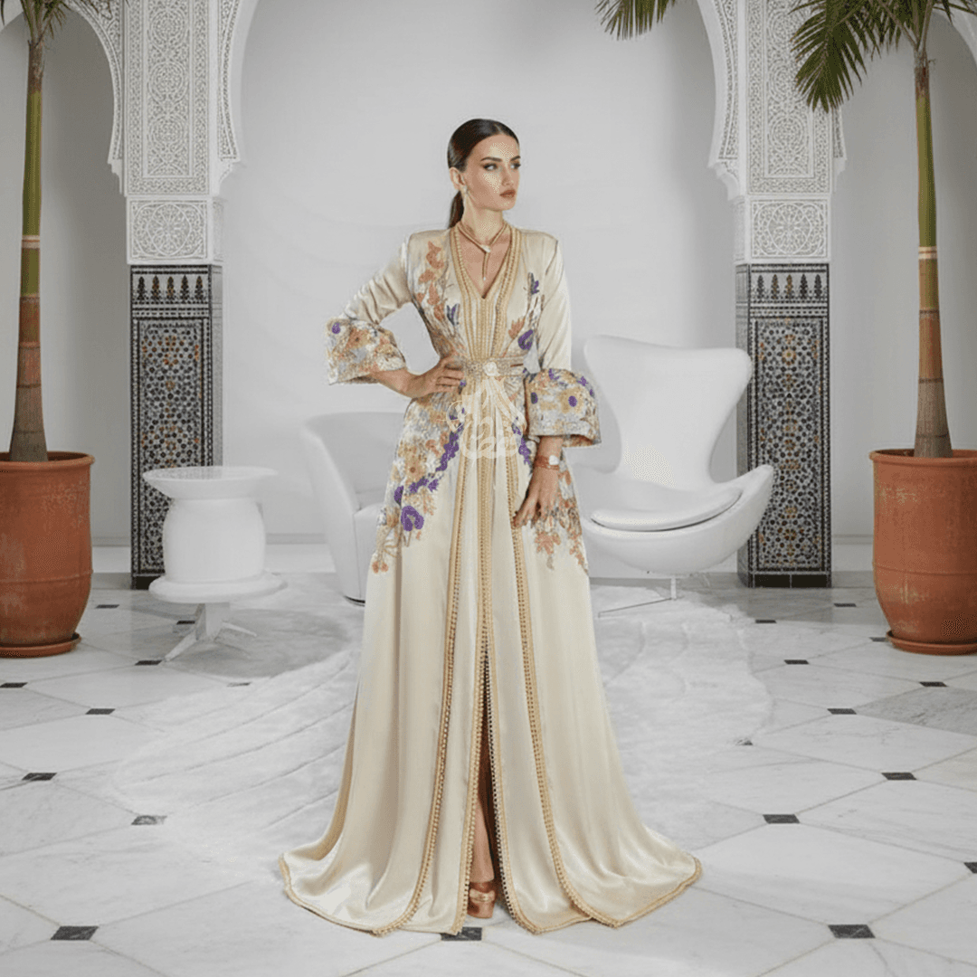 Caftan crème floral manches évasées