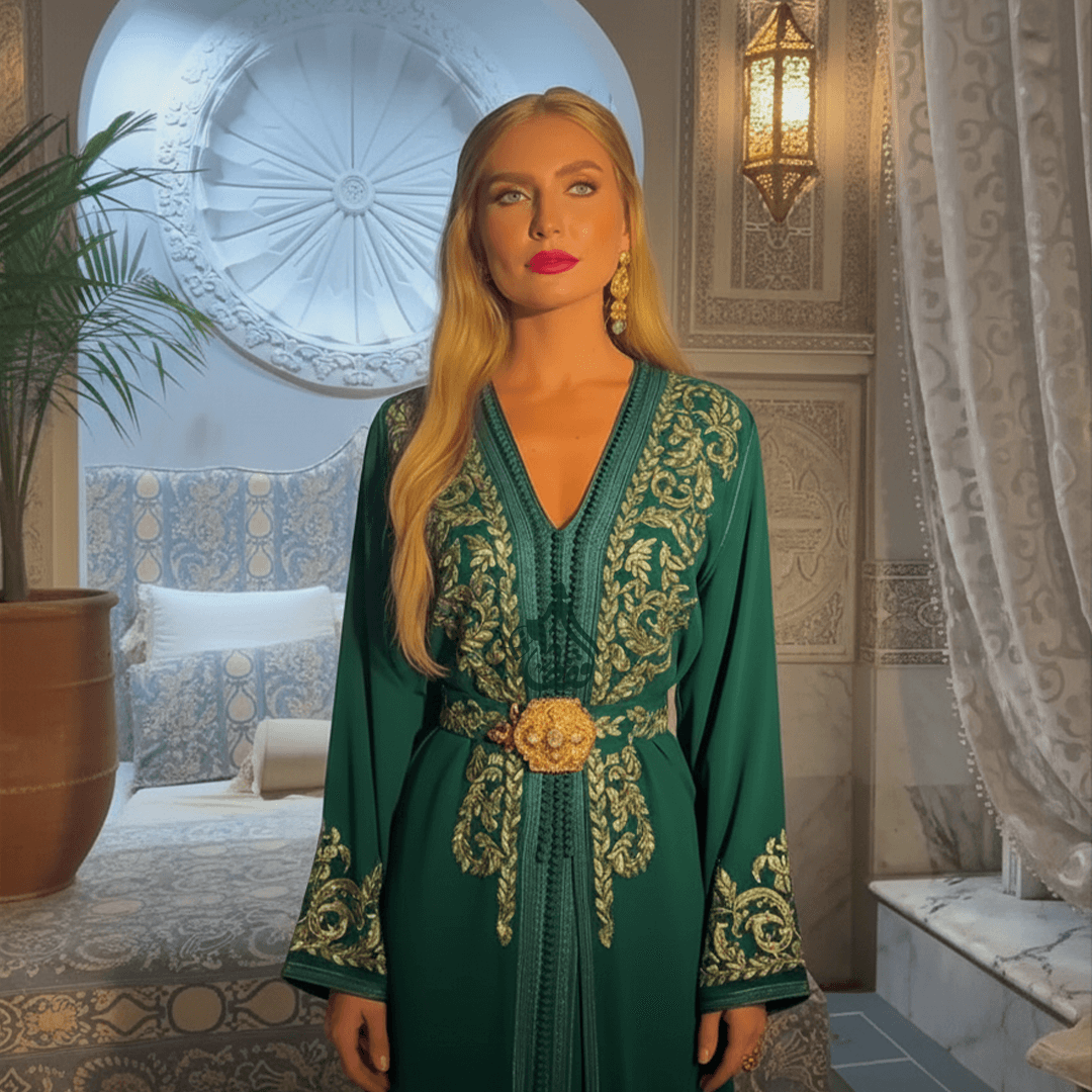 Caftan vert émeraude arabesques dorées