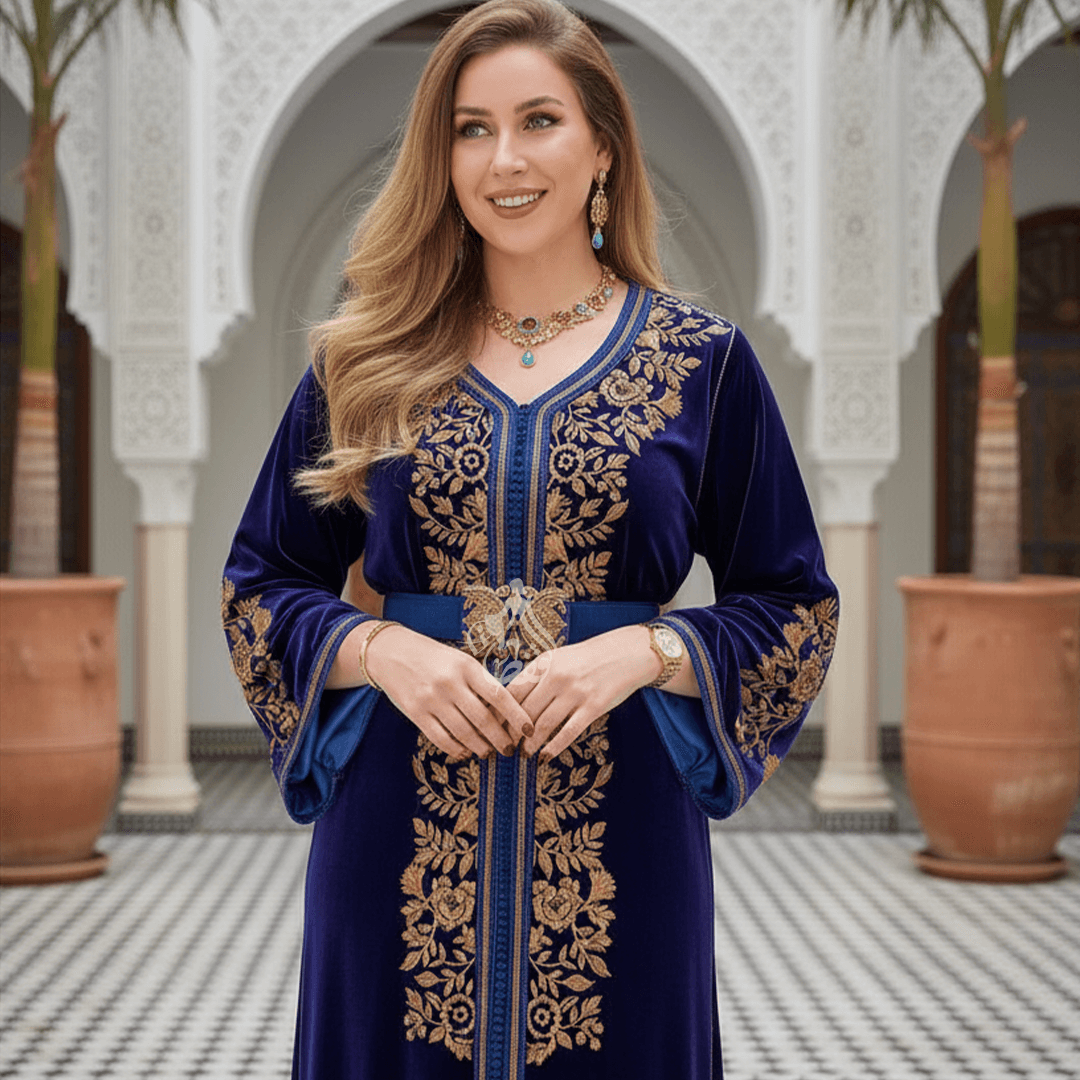 Caftan indigo velours broderies dorées