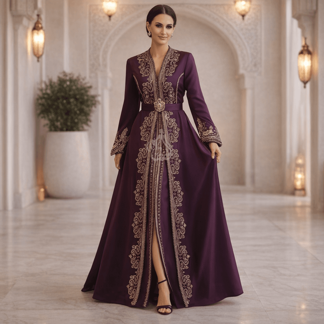 Caftan violet prune broderies traditionnelles